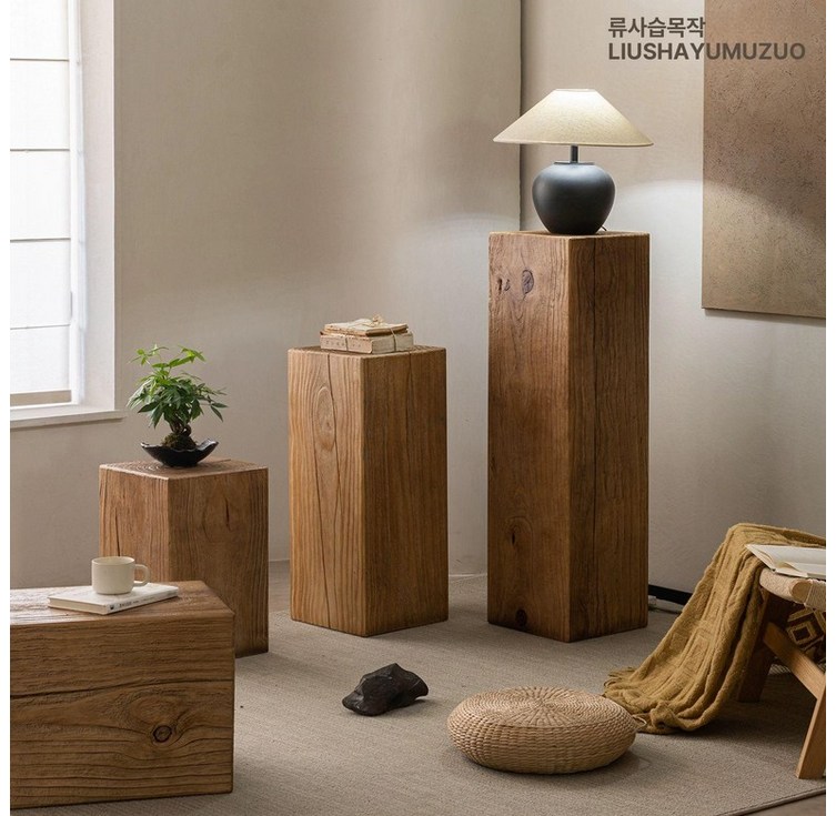 통나무의자 빈티지 스툴 엔틱 사각테이블 통원목 카페 힐링 휴식 테이블 소품 미니 고재스툴