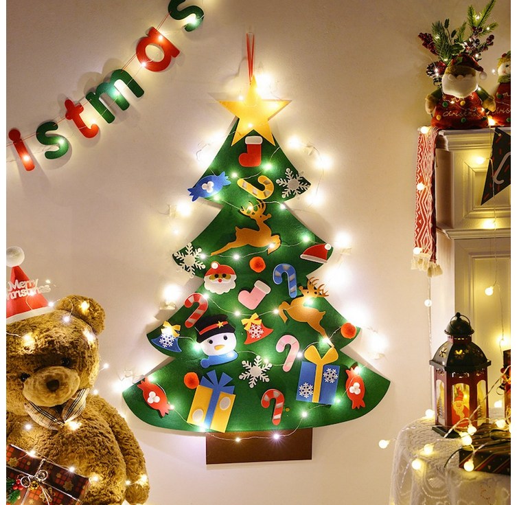 하이나미 DIY 펠트 크리스마스 트리 셀프 벽트리 키트 미니 전구 4단 나무 부직포 소품, 4단 트리전구 포함