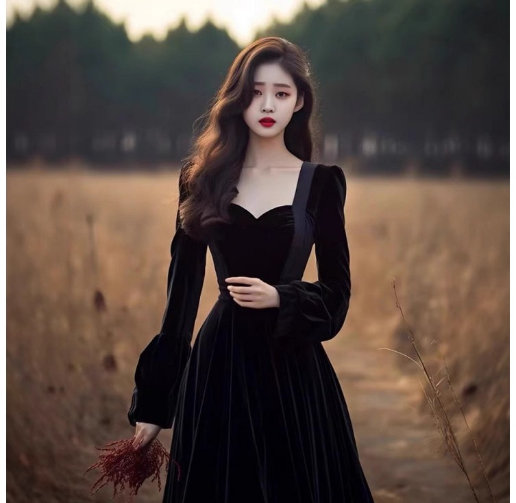 벨벳원피스 드레스 프랑스 여신 스타일 세련된 고급스러운 여성 원피스 절묘한 회의룩 특별한 연례 행사룩 우아한 블랙 드레스