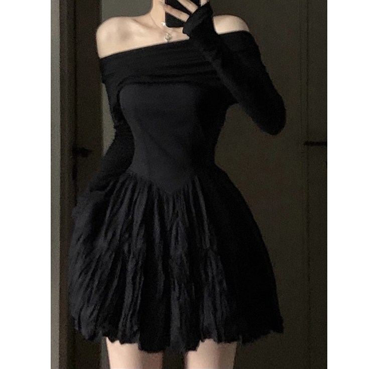 BROWMODA 여성 슬림핏 오프 숄더 셔링 미니원피스