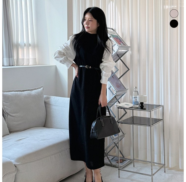 디테일웨어 여성 벨트세트 골드 니트원피스 간절기 하객룩 오버핏 긴팔 롱원피스 셔츠 레이어드 오피스룩 상견례룩