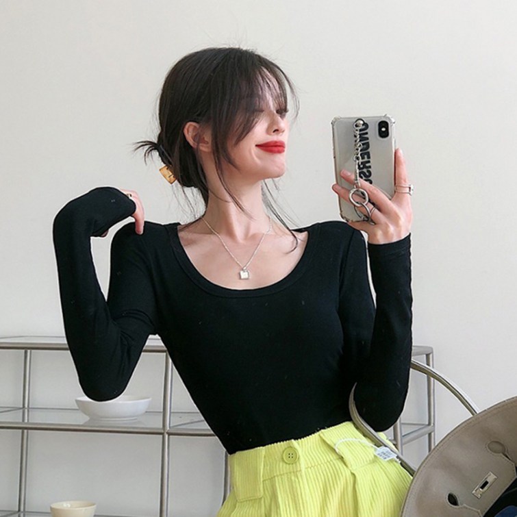 레티고 여성 긴팔 슬림 U넥 무지 이너 티셔츠